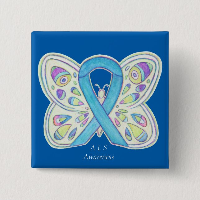 ALS Blue Butterfly Awareness Ribbon Custom Art But Button (Vorderseite)
