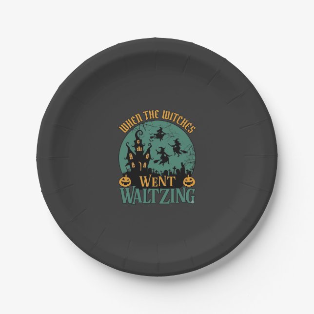 Als Hexen beim Walzer tanzen Halloween Spukhaus Pappteller (Vorderseite)