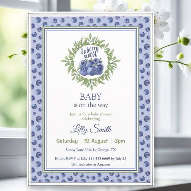 Also Berry Sweet Baby Duwer Blueberry Blue Muster Einladung (So Berry Sweet Baby Shower Blueberry Blue Pattern Invitation)