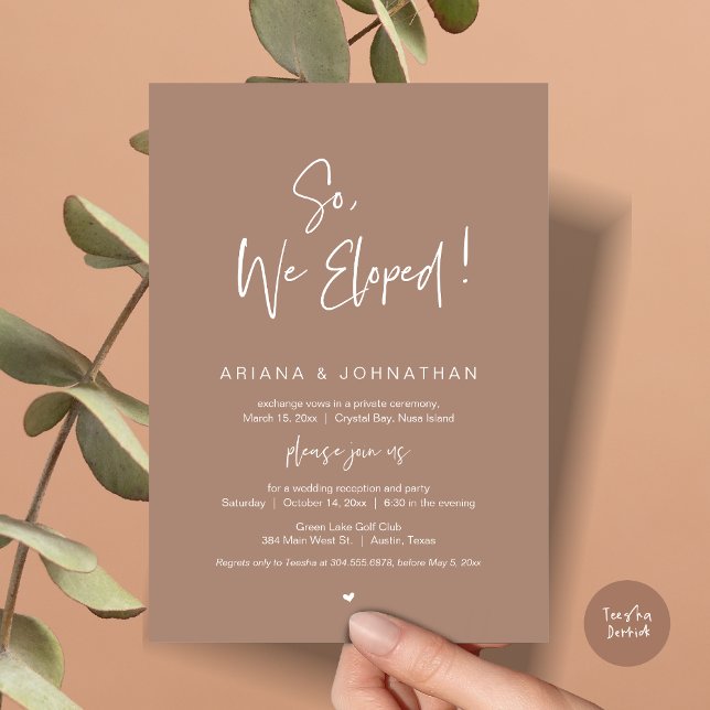 Also haben wir in neutraler Taupe Hochzeitsfeier g Einladung (So, We Eloped, Modern Wedding Elopement Dinner Invitation Card, PDF, in Neutral Taupe)