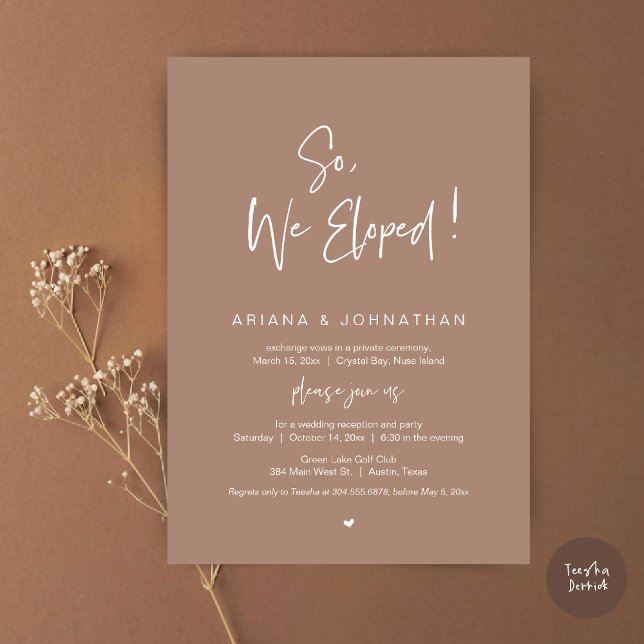 Also, wir haben ein modernes Hochzeitsessen Einladung (So, We Eloped, Modern Wedding Elopement Dinner Invitation Card, PDF, in Taupe Earthy)