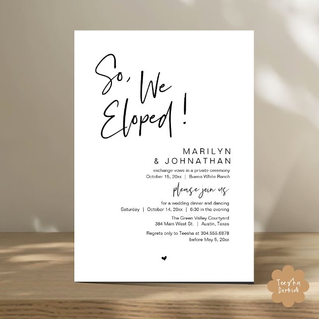 Also, wir haben ein modernes Hochzeitsessen Einladung (So, We Eloped, Modern Classy Wedding Elopement Dinner Party Invitation Card PDF Black White)