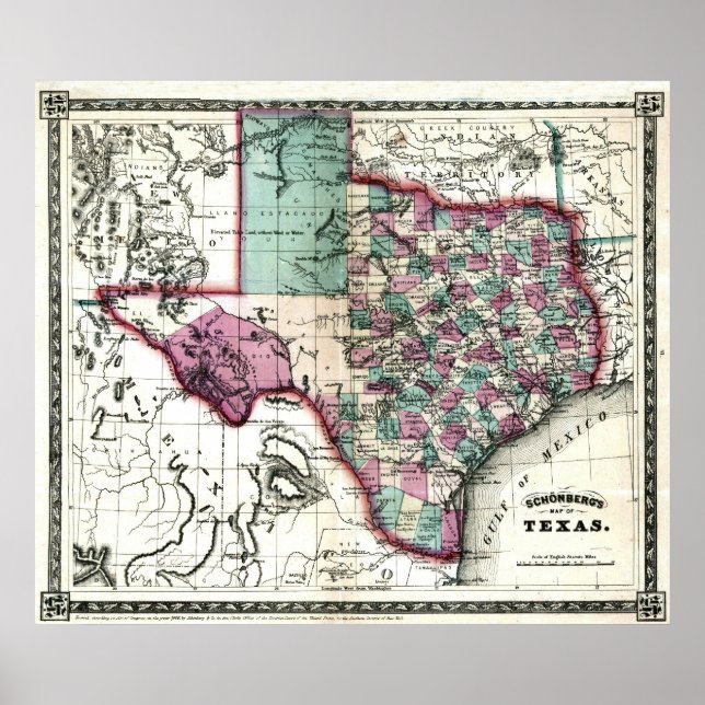 Alt 1866 Texas Karte Poster (Vorne)