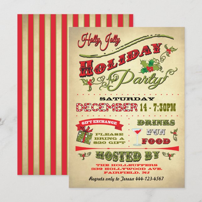 Alt modische Holly Jolly Holiday Party Einladung (Vorne/Hinten)