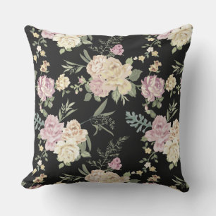 Alt modische Pink Roses Chintz Muster auf schwarz Kissen