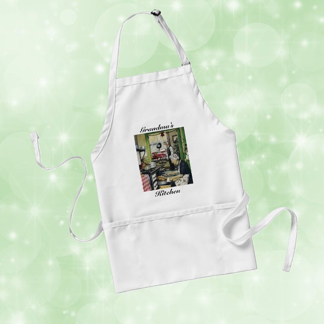 Alt modische Vintag Zuhause Holiday Schürze (Holiday dinner in vintage 1940's Grandma kitchen cooking turkey dinner on kitchen apron.)