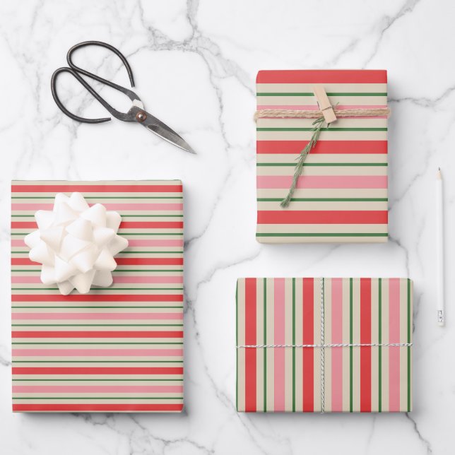 Alt modische Weihnachtsstreifen Muster Rosa Rot Geschenkpapier Set (Vorderseite)