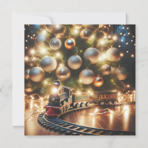 Alt-modischer Gold-Weihnachtszug unter dem Baum Karte