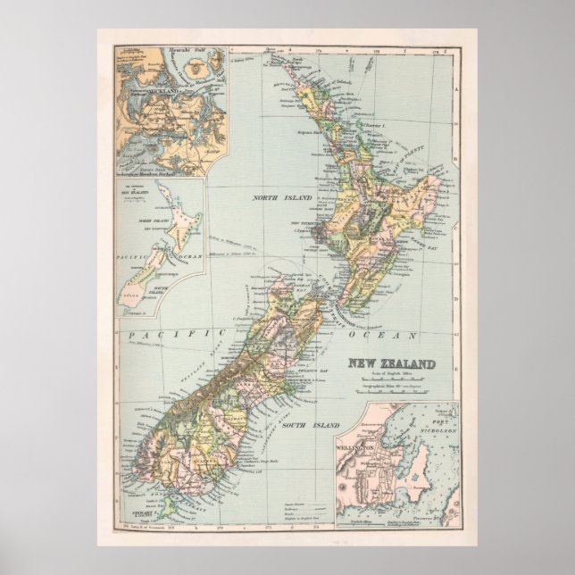 Alt-Neuseeland-Karte (1892) Neuseeland Poster (Vorne)