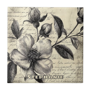 Alt-Welt-Sepia-Blumen-Skizze-Pergament Fliese