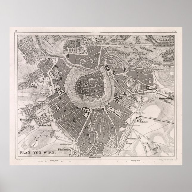 Alt-Wien-Karte (1849) Vintag Wien Poster (Vorne)