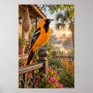 Altamira-Trichterohrstelze auf einer Gartenveranda Poster