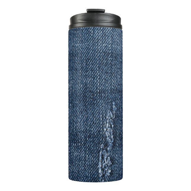 Alte abgerissene Denim: Jeans Textur. Thermosbecher (Vorderseite)