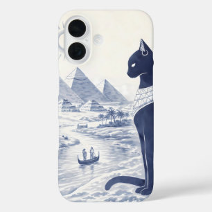 Alte ägyptische Bastet-Katze und Pyramiden Blau  iPhone 16 Hülle