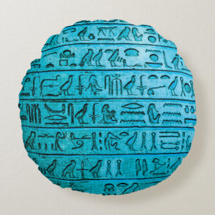 Alte ägyptische Hieroglyphen Blau Rundes Kissen