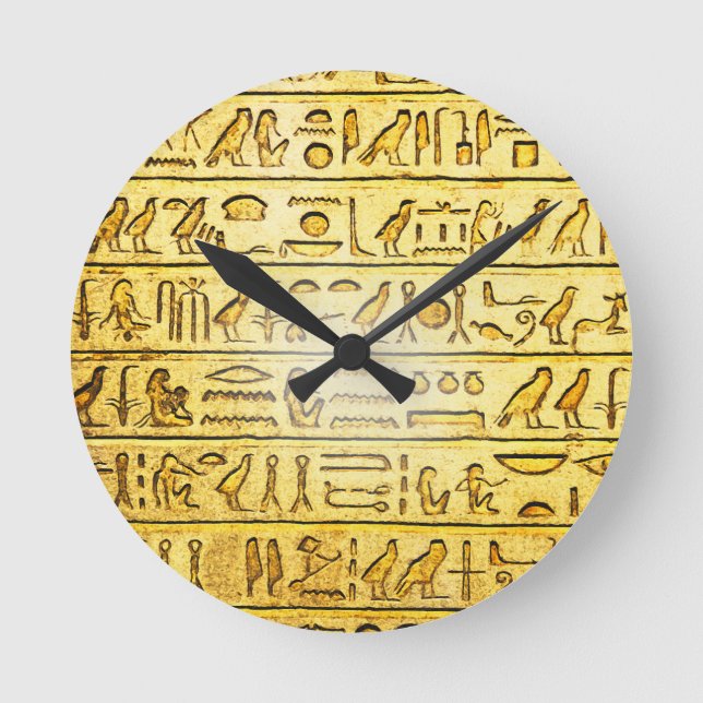 Alte ägyptische Hieroglyphen-Gelbe Wall-Uhr Runde Wanduhr (Vorderseite)