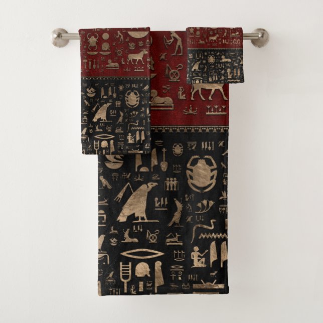 Alte ägyptische Hieroglyphen - schwarzes rotes Badhandtuch Set (Insitu)