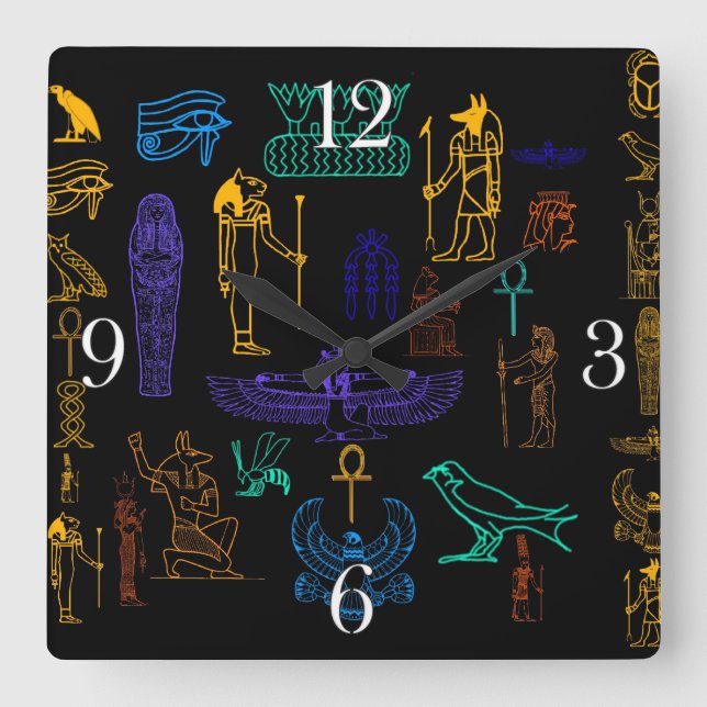 Alte ägyptische Hieroglyphen u. Symbole Quadratische Wanduhr (Vorderseite)