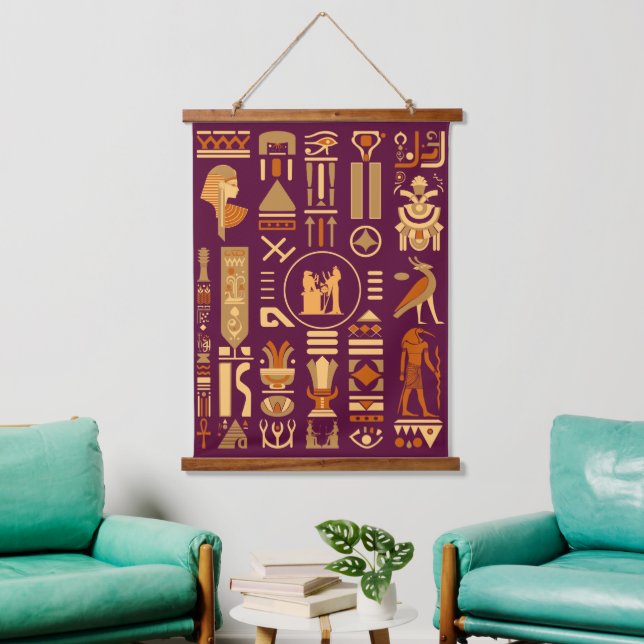 Alte ägyptische Hieroglyphen Wandteppich Mit Holzrahmen (Wohnzimmer)