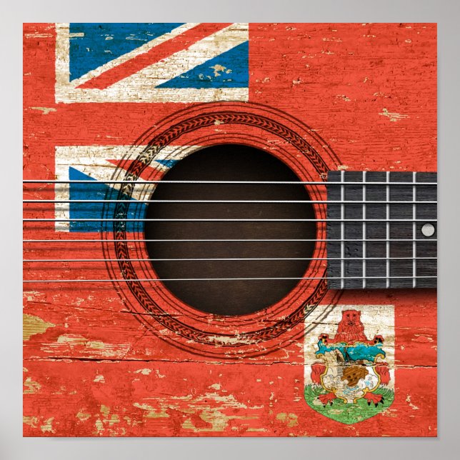 Alte Akustikgitarre mit Bermuda-Flagge Poster (Vorne)