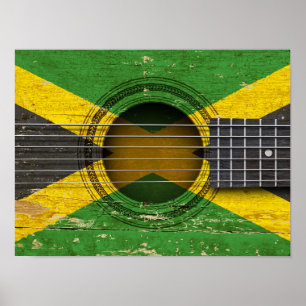 Alte Akustikgitarre mit jamaikanischer Flagge Poster