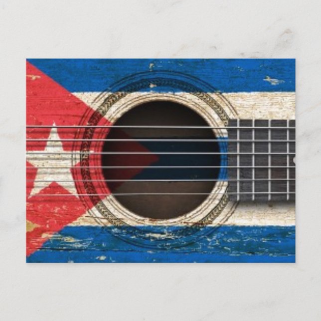 Alte akustische Gitarre mit kubanischer Flagge Postkarte (Vorderseite)