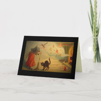 Alte alte Frau Vintager Halloween-Karte mit Katze Karte