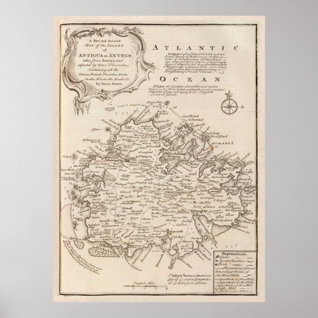 Alte Antigua-Karte (1747) Vintage Waladli-Insel Poster (Vorne)