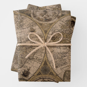 Alte antike Weltkarten-Blatt Geschenkpapier Set