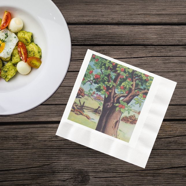 Alte Apfelbaumwiese im Vintage-Stil Serviette (Apple tree in field by fence on farm on napkins.)