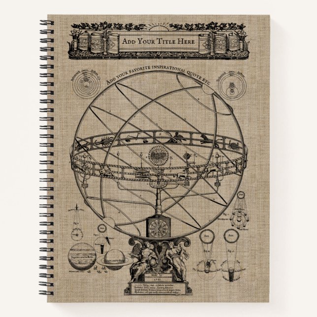 Alte armillary Sphere Spherry Astrolabium Burlap Notizbuch (Vorderseite)