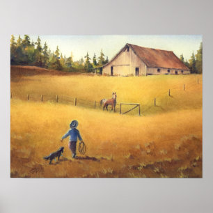 ALTE BARN, APALOSA, BOY & HUND von SHARON SHARPE Poster