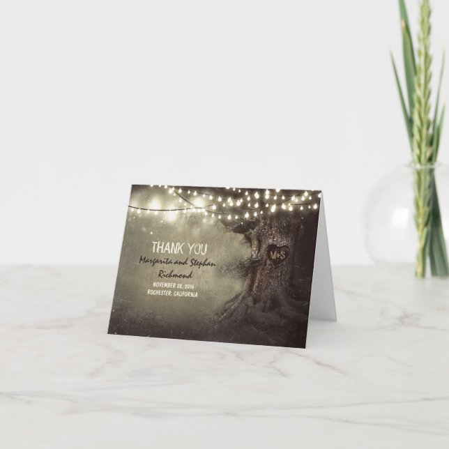 alte Baum romantische Lichter Hochzeit danke Karte (Vorderseite)
