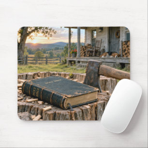 Alte Bibel und Axt auf einem Baumstumpf Mousepad