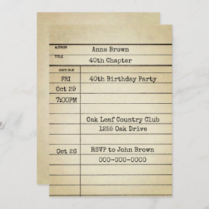 Alte Bibliothekskarte 40. Geburtstag Party Einladung