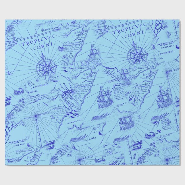 Alte blaue Seekarten Schiffe und Kompass Geschenkpapier (Flach)