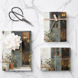 Alte blaue Tür mit Topfpflanzen als Geschenkpapier Set