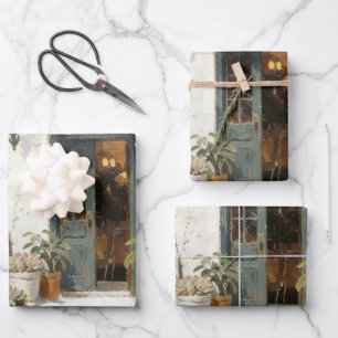 Alte blaue Tür mit Topfpflanzen als Geschenkpapier Set