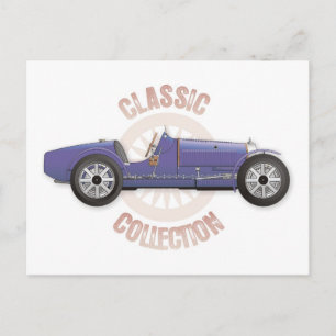 Alte blaue Vintage-Rennwagen, der auf der Rennstre Postkarte