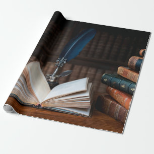 Alte Bücher, Federkugelschreiber und antikes Tinte Geschenkpapier