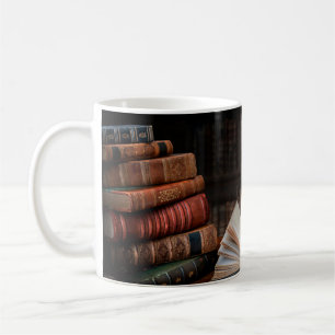 Alte Bücher, Federkugelschreiber und antikes Tinte Kaffeetasse