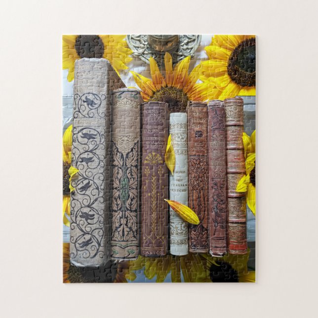 Alte Bücher und Sonnenblumen Puzzle (Vertikal)