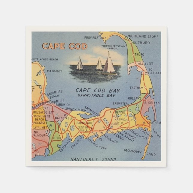 Alte Cape Cod Massachusetts Karte Serviette (Vorderseite)