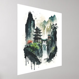Alte chinesische Tintenlandschaft mit Wasserfall Foliendrucke