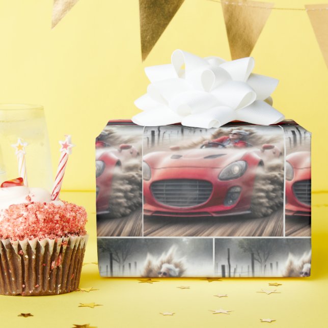 Alte Dame, die ein rotes Sportauto fährt Geschenkpapier (Geburtstagsparty)