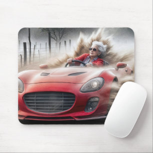 Alte Dame, die ein rotes Sportauto fährt Mousepad