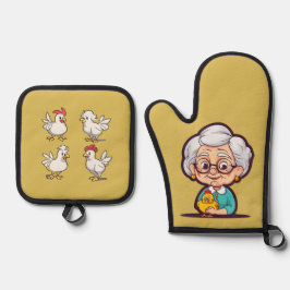 Alte Dame mit Hühnchen Ofenhandschuh & Topflappen-Set