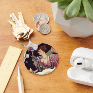 Alte Dame raucht Zigarette und trinkt Champagner Schlüsselanhänger