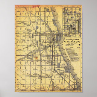 Alte detaillierte Eisenbahnkarte von Chicago Poste Poster