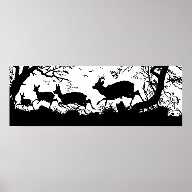Alte deutsche Gravur des Fleeing Deer im Wald Poster (Vorne)